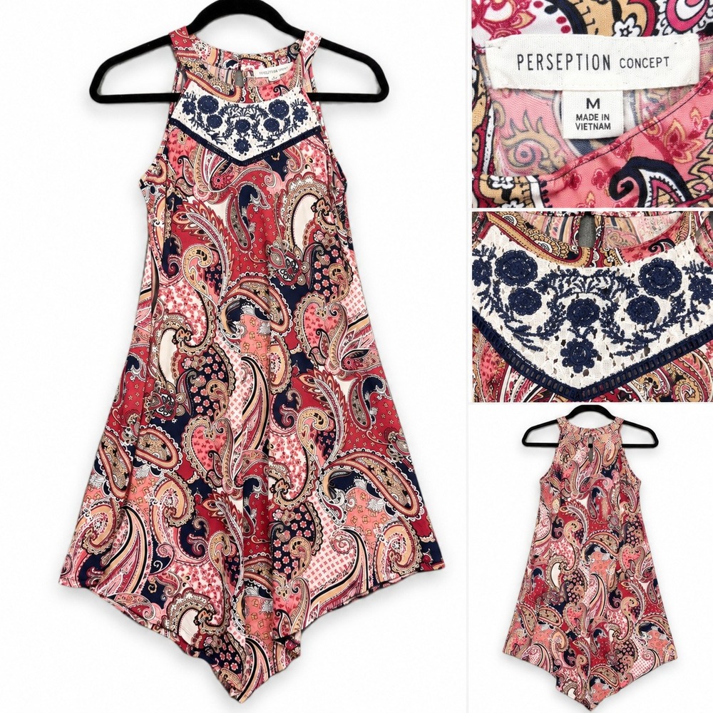 Perception Concept Womens Paisley Halter Dress Navy Pink Handkerchief Hem Medium